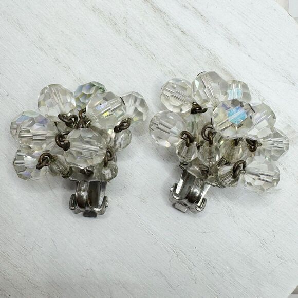 Vintage MCM Aurora Borealis AB Faceted Crytal Cluster Cha Cha Clip On Earrings - Picture 13 of 14